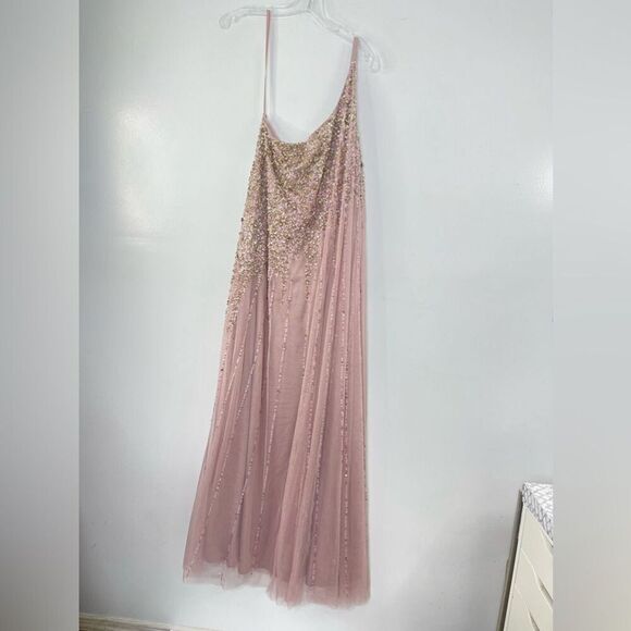 Mac Duggal 9224 Size 14 One Shoulder Embellished Trapeze A-Line Gown, Tan/Blush - Picture 3 of 10